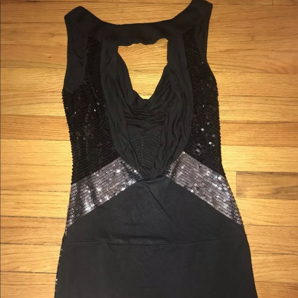 Zio Black Silver Sequin Sparkle Cowl Neck Low Back Party Cocktail Mini Dress M - Picture 2 of 3